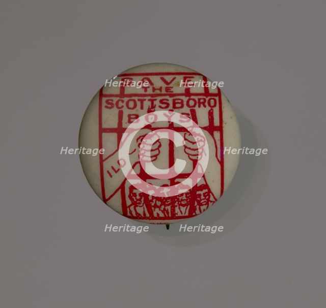 Pinback button supporting the Scottsboro Boys, 1931. Creator: Eagle Regalia Company.