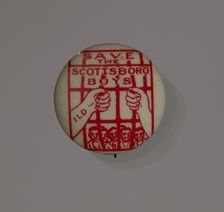 Pinback button supporting the Scottsboro Boys, 1931. Creator: Eagle Regalia Company