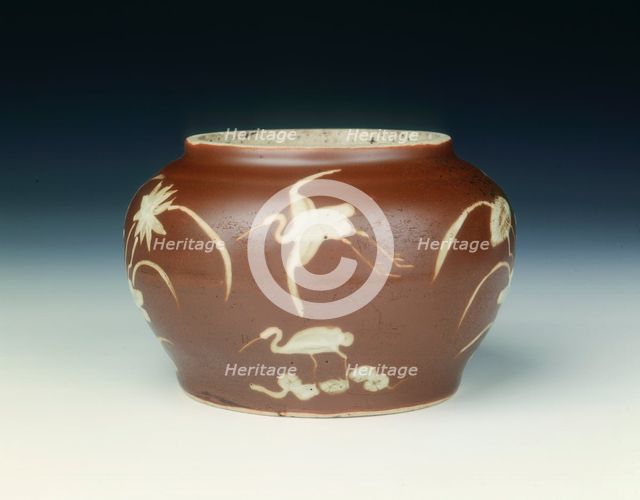 Pinghe brown jar with herons and lotus, Late Ming dynasty, China, 1600-1644. Creator: Unknown.