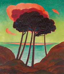 Pine trees with a red cloud, c. 1909. Creator: Wunderwald, Gustav (1882-1945)