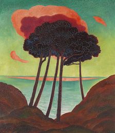 Pine trees with a red cloud, c. 1909. Creator: Wunderwald, Gustav (1882-1945)