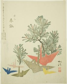 Pine Branches and Paper Cranes, c. 1821. Creator: Niwa Tokei