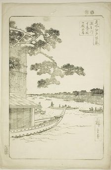 Pine of Success and Oumayagashi, Asakusa River (Asakusagawa shubi no matsu Oumayagashi), f..., 1856. Creator: Ando Hiroshige