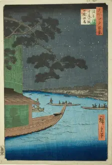 Pine of Success and Oumayagashi, Asakusa River (Asakusagawa shubi no matsu Oumayagashi), f..., 1856. Creator: Ando Hiroshige