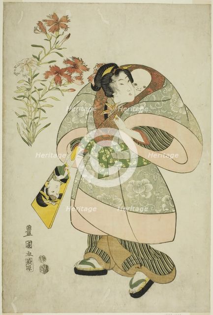 Pinks: nurse and baby, from an untitled series of beauties and flowers, 1812. Creator: Utagawa Toyokuni I.
