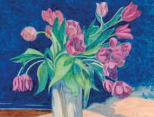 Pink tulips in a vase, in the background a seascape with dunes, 1935. Creator: Spilliaert, Léon (1881-1946)