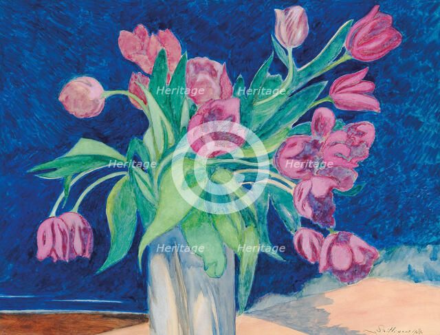 Pink tulips in a vase, in the background a seascape with dunes, 1935. Creator: Spilliaert, Léon (1881-1946).