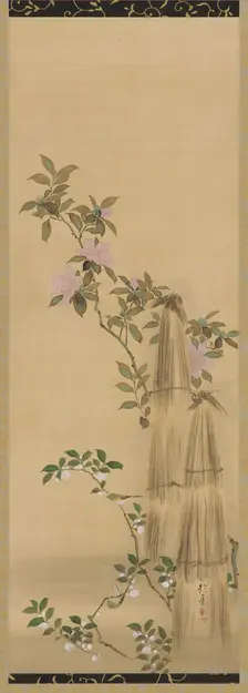 Pink and white flowers and straw coverings, Edo period, 1761-1828. Creator: Sakai Hoitsu