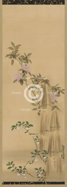 Pink and white flowers and straw coverings, Edo period, 1761-1828. Creator: Sakai Hoitsu.