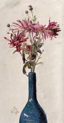 Pink flowers, possibly chrysanthemums, arranged in a bottle, 1898. Creator: Marie Stopes