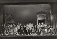 Pinocchio cast with man pointing sticks, 1938-1939. Creator: Unknown