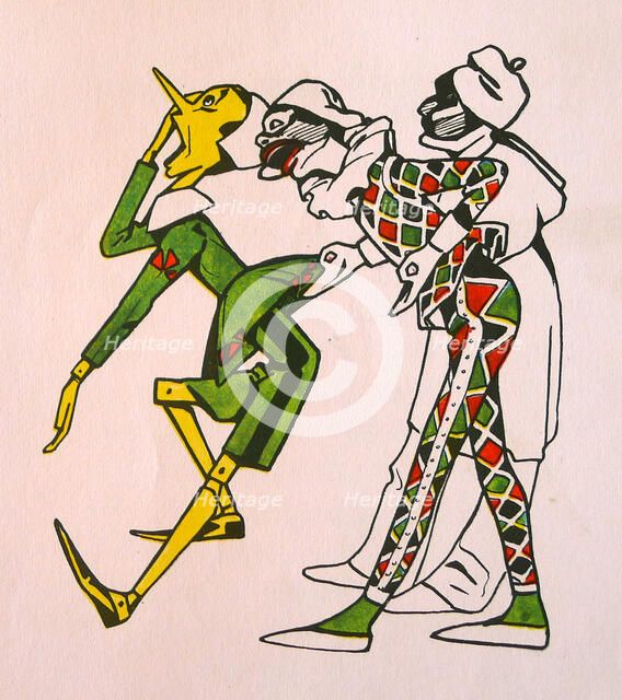 Pinocchio with Harlequin and Pulcinella, 1911. Creator: Attilio Mussino.