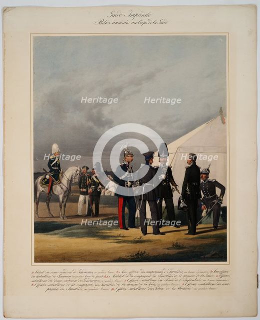 Pioneers, invalides and gendarmes of the Imperial Guards Corps, 1867. Artist: Piratsky, Karl Karlovich (1813-1889)
