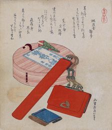 Pipe case with tobacco pouch and a box, 1822. Creator: Hokusai