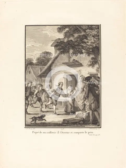 Piqué de ma raillerie, il s'évertue et remporte le prix, 1778. Creator: Nicolas Delaunay.
