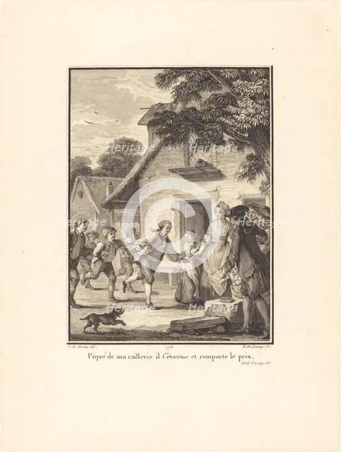 Piqué de ma raillerie, il s'évertue et remporte le prix, 1778. Creator: Nicolas Delaunay.