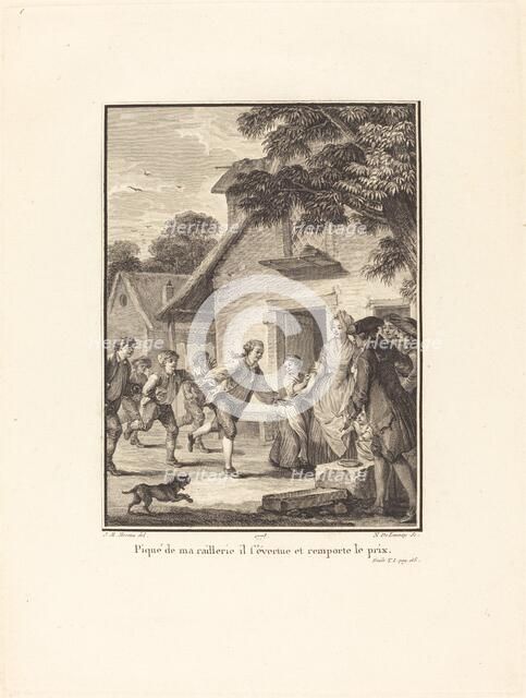 Piqué de ma raillerie, il s'évertue et remporte le prix, 1778. Creator: Nicolas Delaunay.