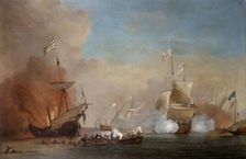 Pirates Attacking a British Navy Ship 17th century. Artist: Willem van de Velde the Younger