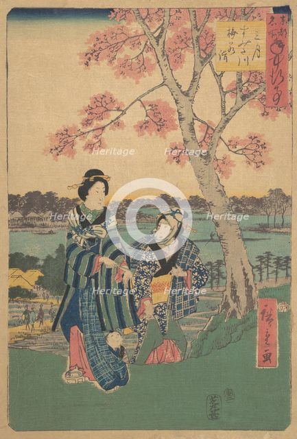 Plum-blossom viewing in the third month at Sumida River from the series Annual Events at F..., 1854. Creator: Ando Hiroshige.