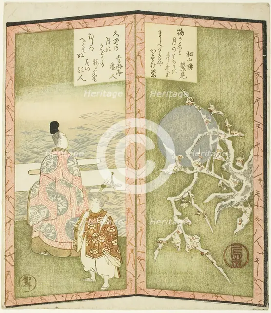 Plum blossoms and poet, from an untitled hexaptych depicting a pair of folding screens, c. 1825. Creator: Shinsai.