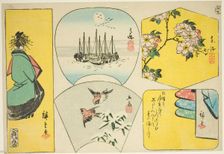 Plum branch, Susaki, courtesan, sparrows, and clothes behind screen, 1858. Creator: Ando Hiroshige