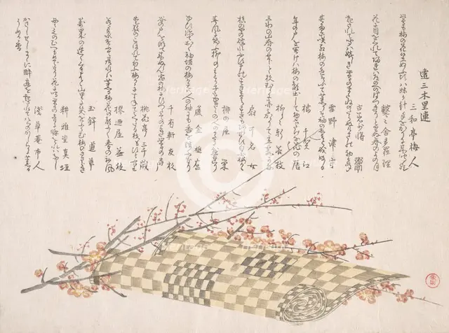 Plum Branches with Flowers and a Rolled Mat, 19th century. Creator: Kubo Shunman.