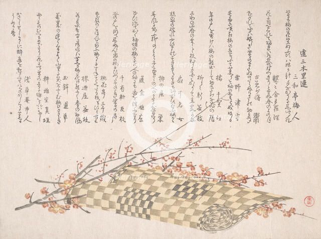 Plum Branches with Flowers and a Rolled Mat, 19th century. Creator: Kubo Shunman.