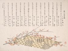 Plum Branches with Flowers and a Rolled Mat, 19th century. Creator: Kubo Shunman
