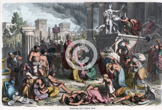 Plunder by the Romans of an enemy city, engraving 1868.