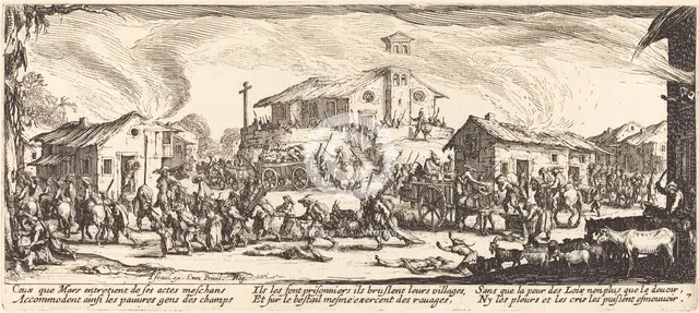 Plundering and Burning a Village, c. 1633. Creator: Jacques Callot.