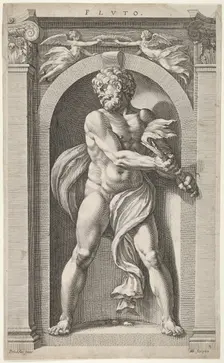 Pluto; on verso sketches of a figure, four heads, and a column, 1592. Creator: Hendrik Goltzius