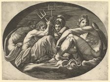 Pluto, Neptune, Minerva and Apollo, from a series of eight compositions after Francesco P..., 1560s. Creator: Giorgio Ghisi