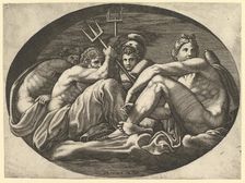 Pluto, Neptune, Minerva and Apollo, from a series of eight compositions after Francesco P..., 1560s. Creator: Giorgio Ghisi