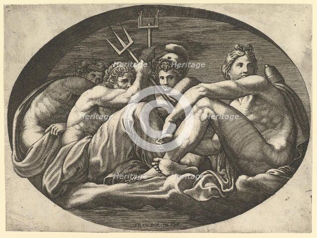 Pluto, Neptune, Minerva and Apollo, from a series of eight compositions after Francesco P..., 1560s. Creator: Giorgio Ghisi.