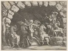 Pluto, seen from behind, entering the Underwold on his chairot, Cereberus and three Fu..., ca. 1680. Creator: Pietro Santi Bartoli