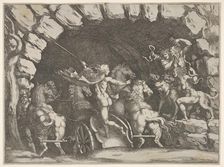 Pluto, seen from behind, entering the Underwold on his chairot, Cereberus and three Fu..., ca. 1680. Creator: Pietro Santi Bartoli