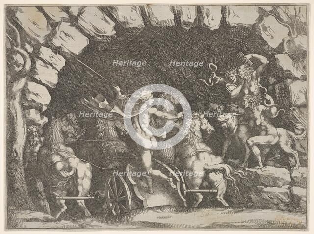 Pluto, seen from behind, entering the Underwold on his chairot, Cereberus and three Fu..., ca. 1680. Creator: Pietro Santi Bartoli.