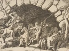 Pluto riding a chariot descending into Hell, from the Division of the Universe 1531-76. Creator: Giulio Bonasone
