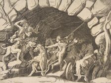 Pluto riding a chariot descending into Hell, from the Division of the Universe 1531-76. Creator: Giulio Bonasone