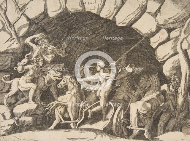 Pluto riding a chariot descending into Hell, from the 'Division of the Universe', 1531-76. Creator: Giulio Bonasone.