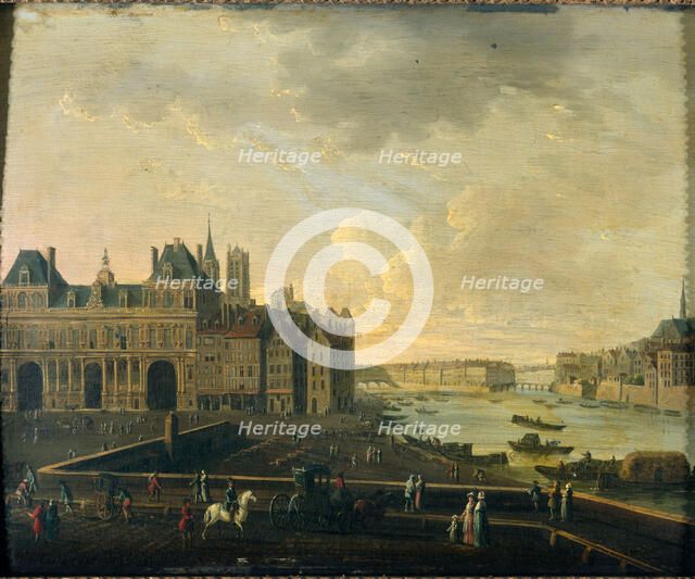 Place de Grêve, the Hotel de Ville, Île Saint-Louis and the Cité, around 1780..., c1775-1785. Creator: Unknown.