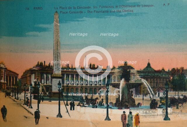 Place de la Concorde - The Fountains and the Luxor Obelisk, Paris, c1920. Artist: Unknown.