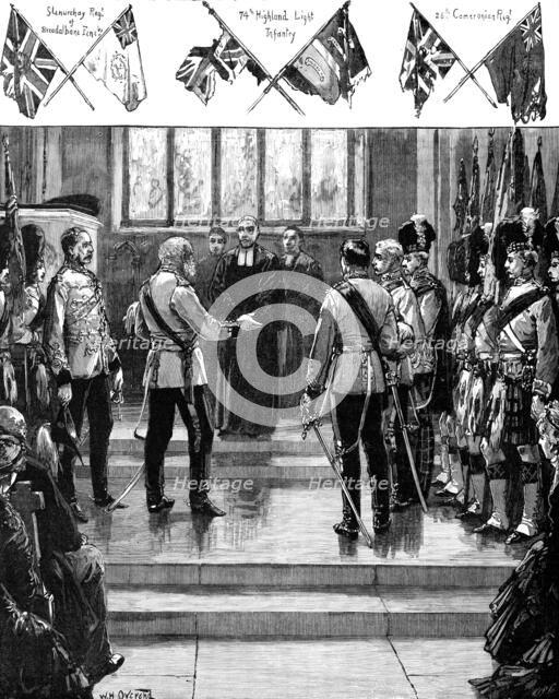 Placing the old Scottish Regimental Colours in St. Giles' Cathedral, Edinburgh, 1883. Creator: Unknown.