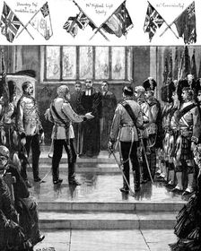 Placing the old Scottish Regimental Colours in St. Giles Cathedral, Edinburgh, 1883. Creator: Unknown
