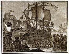 Placing the ship Victoria out of the water as a monument after his trip around the world, engravi…