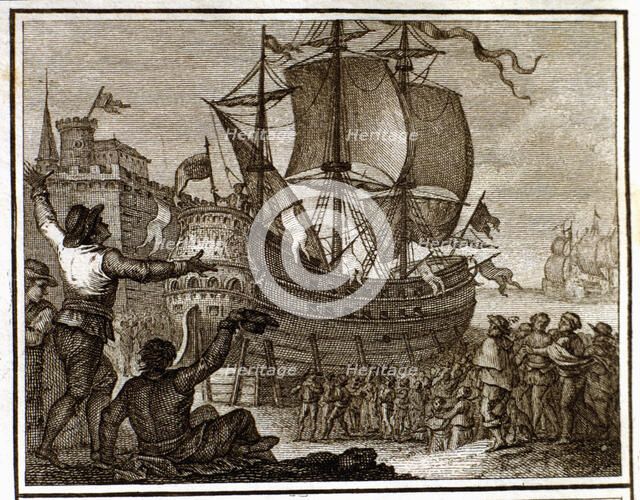 Placing the ship Victoria out of the water as a monument after his trip around the world, engravi…