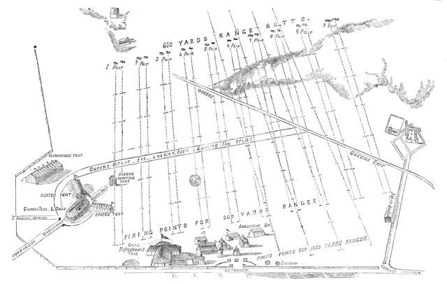 Plan and arrangements of the rifle-shooting contest on Wimbledon Common, 1860. Creator: Unknown.