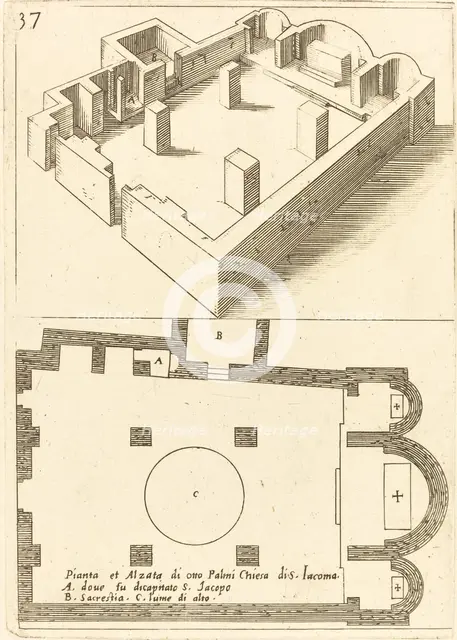 Plan and Elevation of the Church of S. Iacoma, 1619. Creator: Jacques Callot.