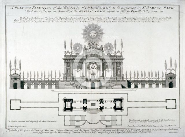 Plan and elevation of the royal fireworks to be performed in St James's Park, London, 1749. Artist: George Vertue