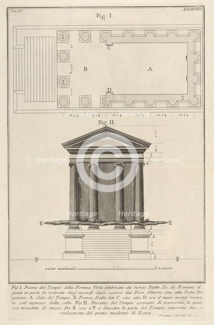 Plan and facade of the Temple of Fortuna Virilis (Tempio della Fortuna Virile), from the s..., 1756. Creator: Giovanni Battista Piranesi.